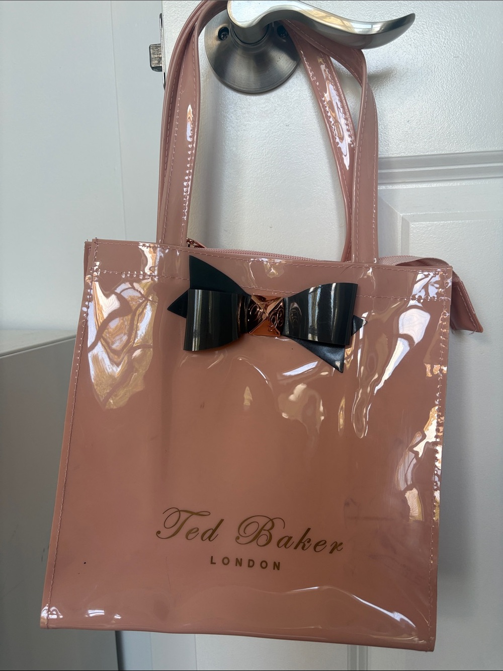 Ted Baker Pink Patent Tote with Black Bow Accent